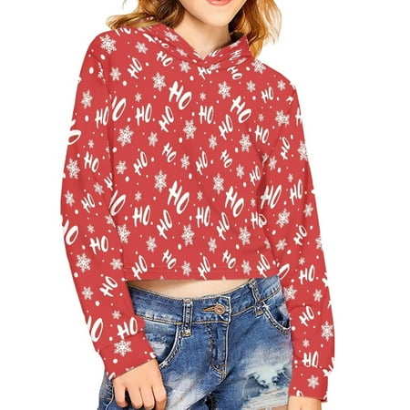 

Renewold 11-12 Years Teen Girls Cute Hoodies Merry Christmas Shirts Long Sleeve Crop Tops Pullover Sweatshirts Snowflake Red Ho Print Hoodied for Winter Holiday Streets Oufits