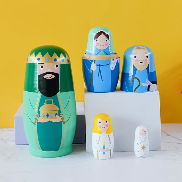 Adornos navideños, adornos navideños, juego de 5 muñecas rusas de madera para Navidad y Pascua, decoración de salas familiares, manualidades navideñas, artículos decorativos, muñeca de Jesús.