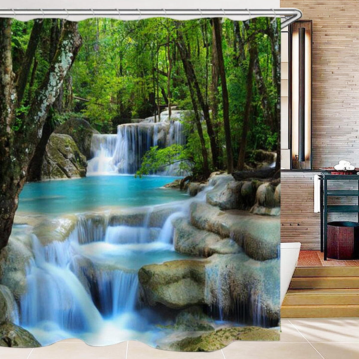 Waterfall Nature Scene Shower Curtain Bathroom Fabric & 12Hooks 71*71inches new 