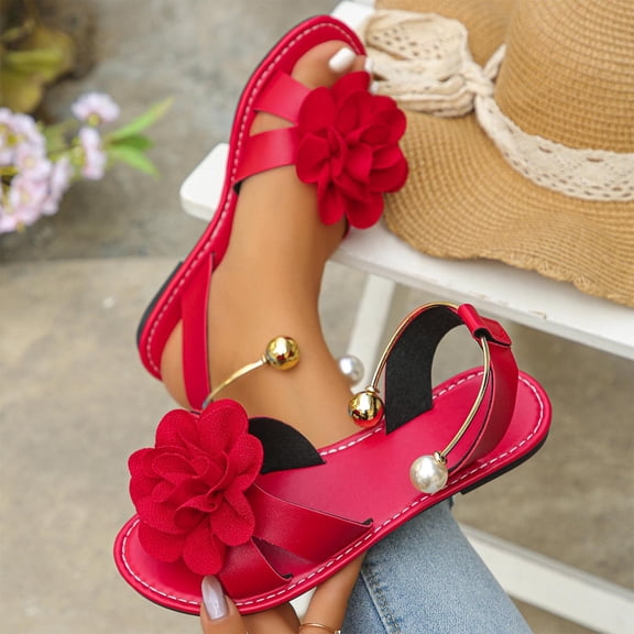 Womens Sandals Flat Floral Ankle Strap with Pearl Gold Bead Comfortable Casual Synthetic Faux Leather Red,Size 42