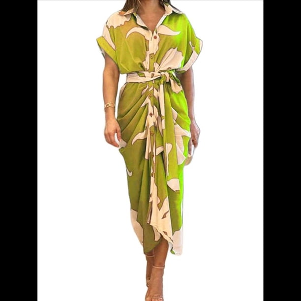Vestido Camisero Fruncido con Botones para Mujer, Corta, Solapa, Cuello en V, Elegante Vestido Maxi Floral de Fiesta con Cinturón Amarillo M