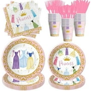 Princess birthday party tableware set with plates, cups, napkins, and cutlery for 24 guests.