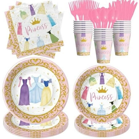 Princess birthday party tableware set with plates, cups, napkins, and cutlery for 24 guests.