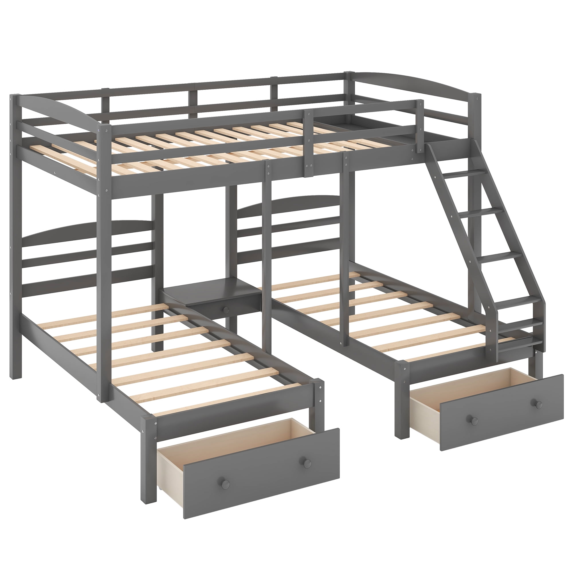 Euroco Wood Storage Bunk Bed, Full over Twin & Twin for Kids Teens Bedroom, 3-in-1 Bunk with 2 Drawers, Gray