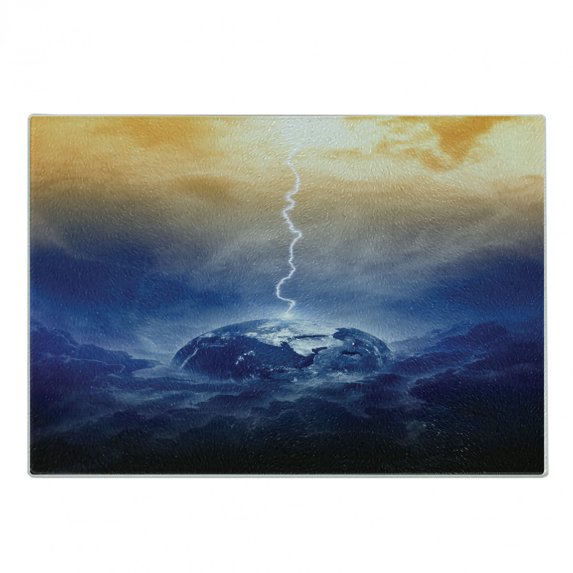 Nature Cutting Board, Vertical Shot of Big Bolt Hits Planet Earth Dramatic Sky Energy Atmosphere Art, Decorative Tempered Glass Cutting and Serving Board, Small Size, Yellow Blue, by Ambesonne