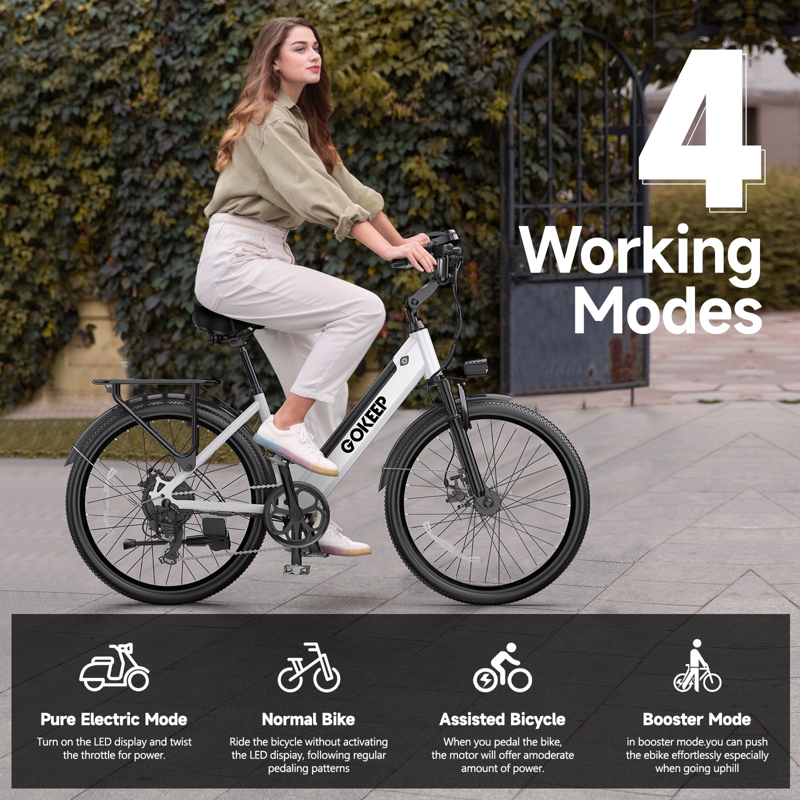 GOKEEP 26" Electric Bike for Adults, 600W Powerful Motor, 48V 10.4Ah Removable Battery E Bikes, Shimano 7 Speed Electric Commuter Bike, UL2849, White