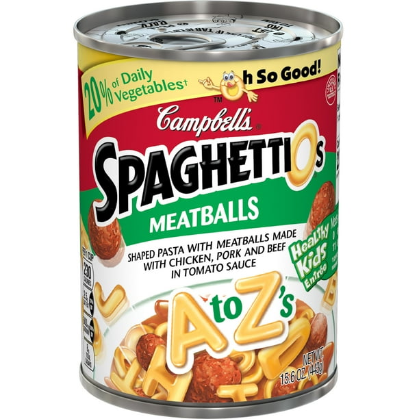 Campbell S Spaghettios Canned Pasta A To Z Shapes With Meatballs 15 6 Oz Can Walmart Com Campbell S Spaghettios Canned Pasta A To Z Shapes With Meatballs 15 6 Oz Can Walmart Com