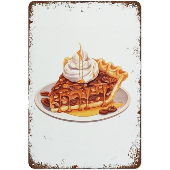 Watercolor Pecan Pie Tin Sign, Retro Metal Wall Decor, Thanksgiving Autumn Farmhouse Style, 8 x 12 Inch