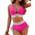 thumbnail image 1 of Women Tummy Control Swimsuits Color Block Two Piece Drawstring Bathing Suit Rose Red XL, 1 of 7