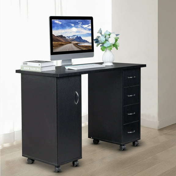 Double Sided Manicure Table with Drawer, Black Nail Salon Desk with Wheels & Wrist Rest, Acetone Resistant Beauty Station for Home or Professional Use