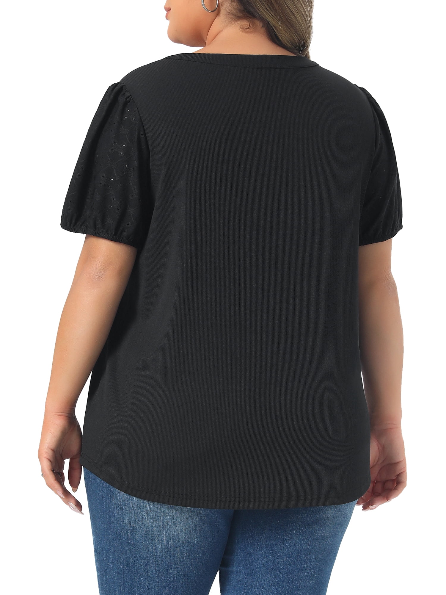 DARING DIVA Women's Plus V Neck Puff Sleeve Tops Blouse 4X Black