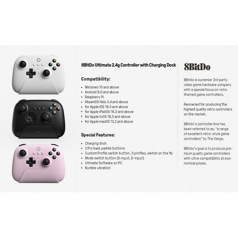 8Bitdo Ultimate 2.4g Wireless Controller with Charging Dock for Windows,  Android & Raspberry Pi (White) 