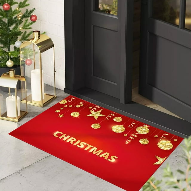 Euaioeiu Christmas Doormat, Holiday Welcome Mat, Non-Slip Absorbent Floor Rug 16x24 Inches, Red Velvet with Merry Christmas Letter Print, Indoor Outdoor Entryway Decor for Front Door Porch Bathroom