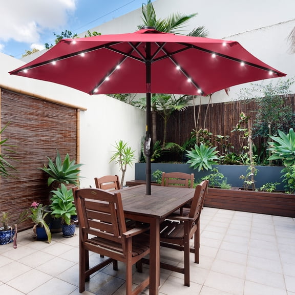 ACEGOSES 7.5ft LED Solar Outdoor Patio Market Table Umbrella with Polyester Canopy for Garden,Yard and Poolside,Red