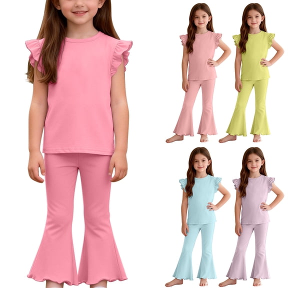 Afuyipoi ​Girls Striped Flare Pant Set 2 Piece Set Short Sleeve Casual Top Retro Bell Bottom Trousers Breathable Striped Summer Set Hot Pink Size 2 Years