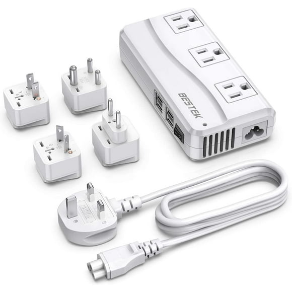 BESTEK Adaptateur de Voyage Universel Convertisseur de Tension 100-220V vers 110V 250W avec Charge USB 6A à 4 Ports 3 Prises CA et Adaptateur de Prise EU/UK/AU/US/India pour le Monde Entier (Prise UK Blanc)
