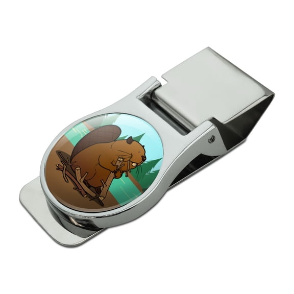 Beaver Chomping Wood Satin Chrome Plated Metal Money Clip
