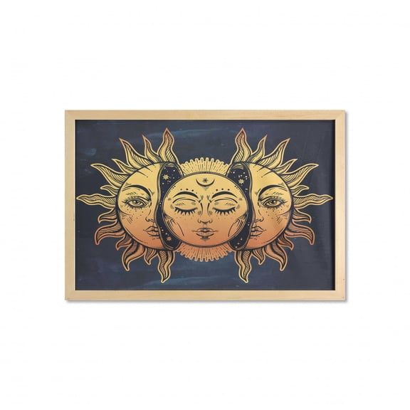 Psychedelic Wall Art with Frame, Moon and Sun with Many Fractal Faces Celestial Energy Mystic Art Print, Printed Fabric Poster for Bathroom Living Room, 35" x 23", Yellow Dark Blue, by Ambesonne