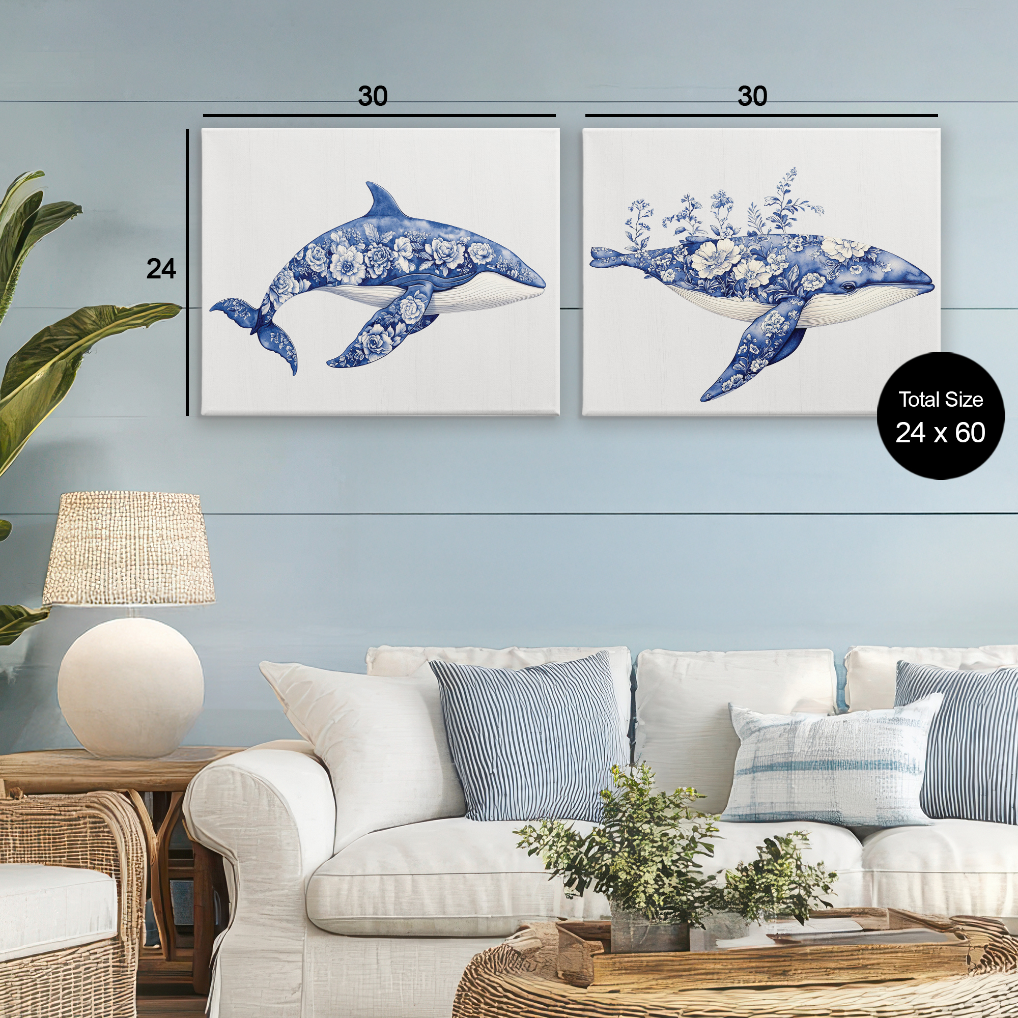 Blooming Toile Pattern Whales 2 Piece Canvas Wall Art Set, design by Lettered and Lined