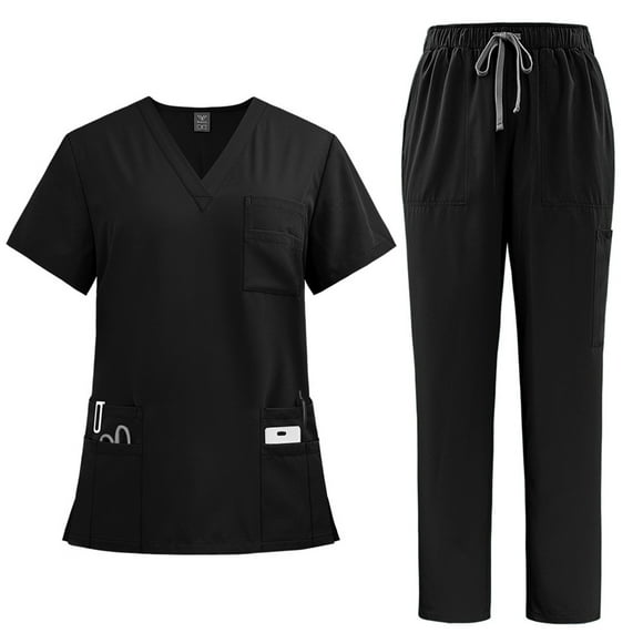 Rlmidhb Plus Size Scrubs Sets for Women Black Quick Dry Solid Color Short Sleeve Basic Nurse Uniform V Neck Jogger Scrubs with Pockets