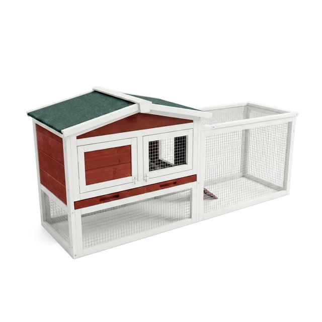 GloryStar Weatherproof Wooden Rabbit Hutch, 2-Story Indoor and Outdoor Bunny Cage with Leak-Proof Tray, Removable Wire Netting, and Anti-Chew Metal Ramp for Small Pets