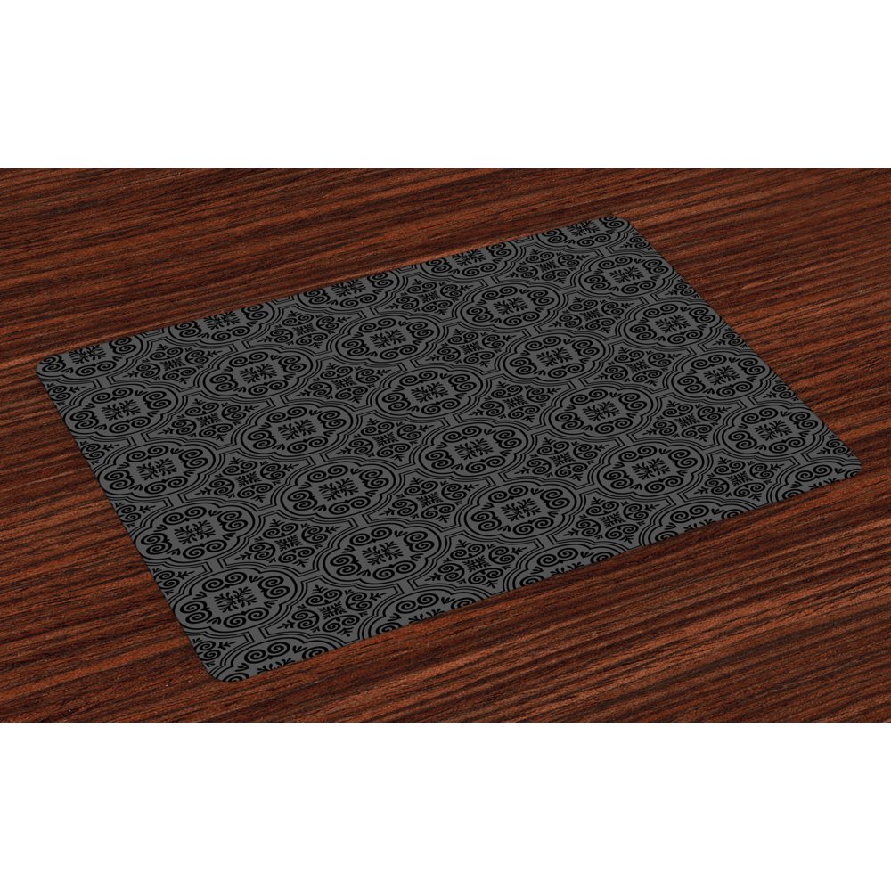 Dark Grey Placemats Set of 4 Baroque Flower Motifs Medieval