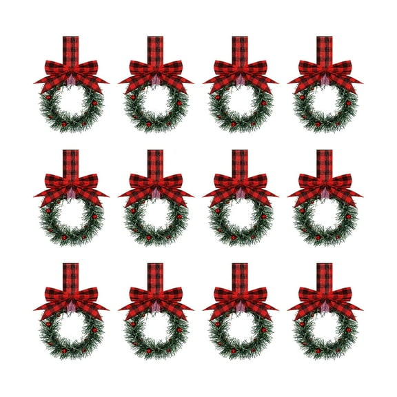 12 PCS Mini Wreaths for Cabinets Christmas Wreath Decorations, Christmas Kitchen Cabinet Wreaths with Berry & Red Velvet Bow Ribbon Mini Xmas Hanging Garlands for Window Door Home Decor