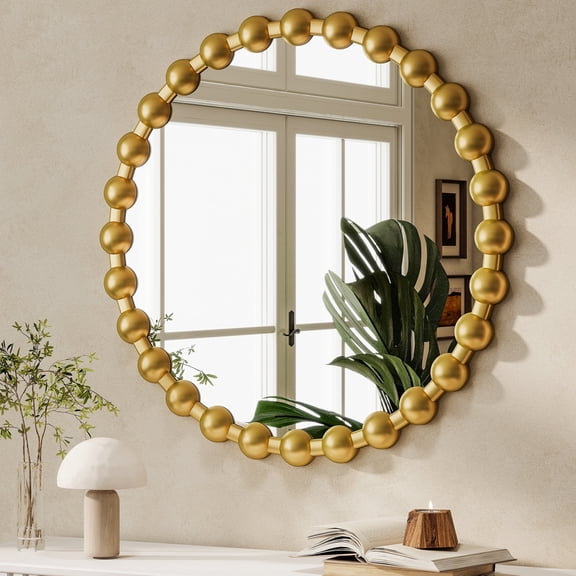 BEAUTYPEAK 24" Round Vintage Bathroom Mirror Decorative Wall Mirror with Luxurious Beaded Frame, Gold