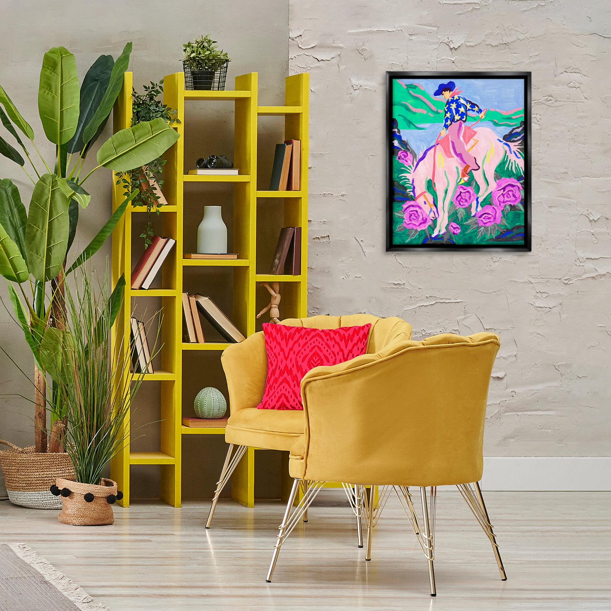 Stupell Industries Bright Cowboy & Blooms Animals Painting Black Floater Framed Canvas Art Print Wall Art, 17 x 21