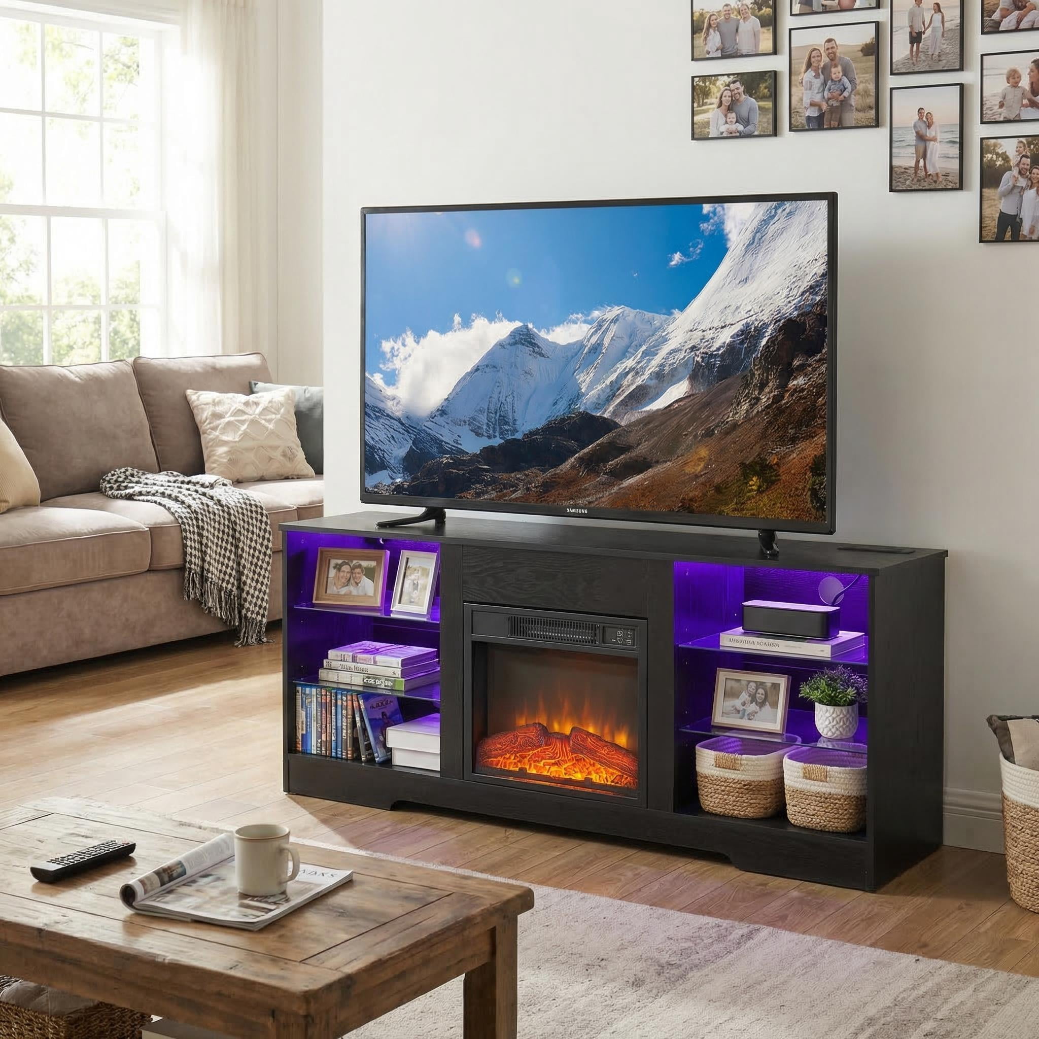 Homy Casa 58 Inch Electric Fireplace TV Stand for 65 Inch TV with Storage Cabinets, LED Flame and Power Outlets