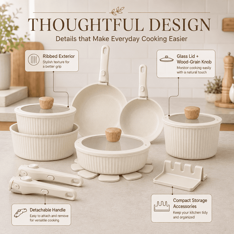 Nulas 22-Piece Cookware Set with Detachable Handle, Cream photo 3