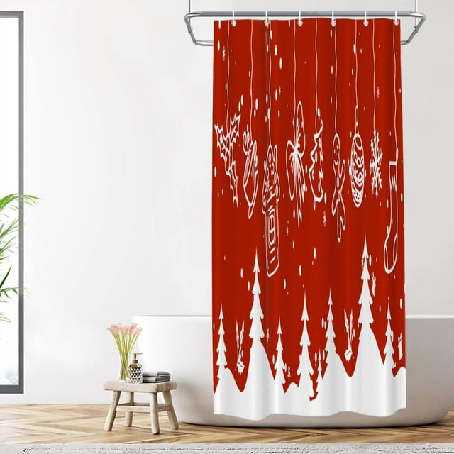 Merry Christmas Decorative Shower Curtain, White Fir Tree with Holidays Objects in Red Bathroom Décor Polyester Fiber Waterproof with Plastic Rings for Shower Stall Bathtubs 72 x 36 in