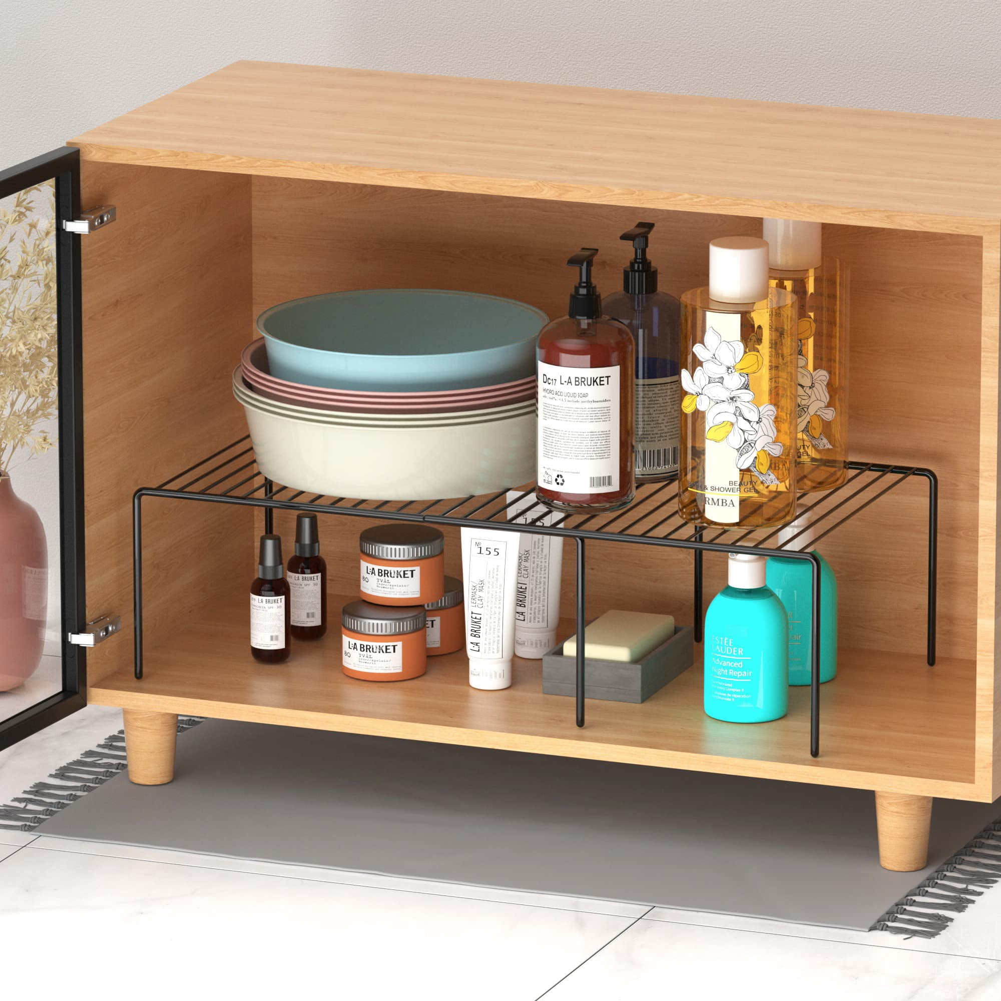 Expandable Shelf Rack Rustproof Metal Storage Organizer For Kitchen Fridge Bathroom Black
