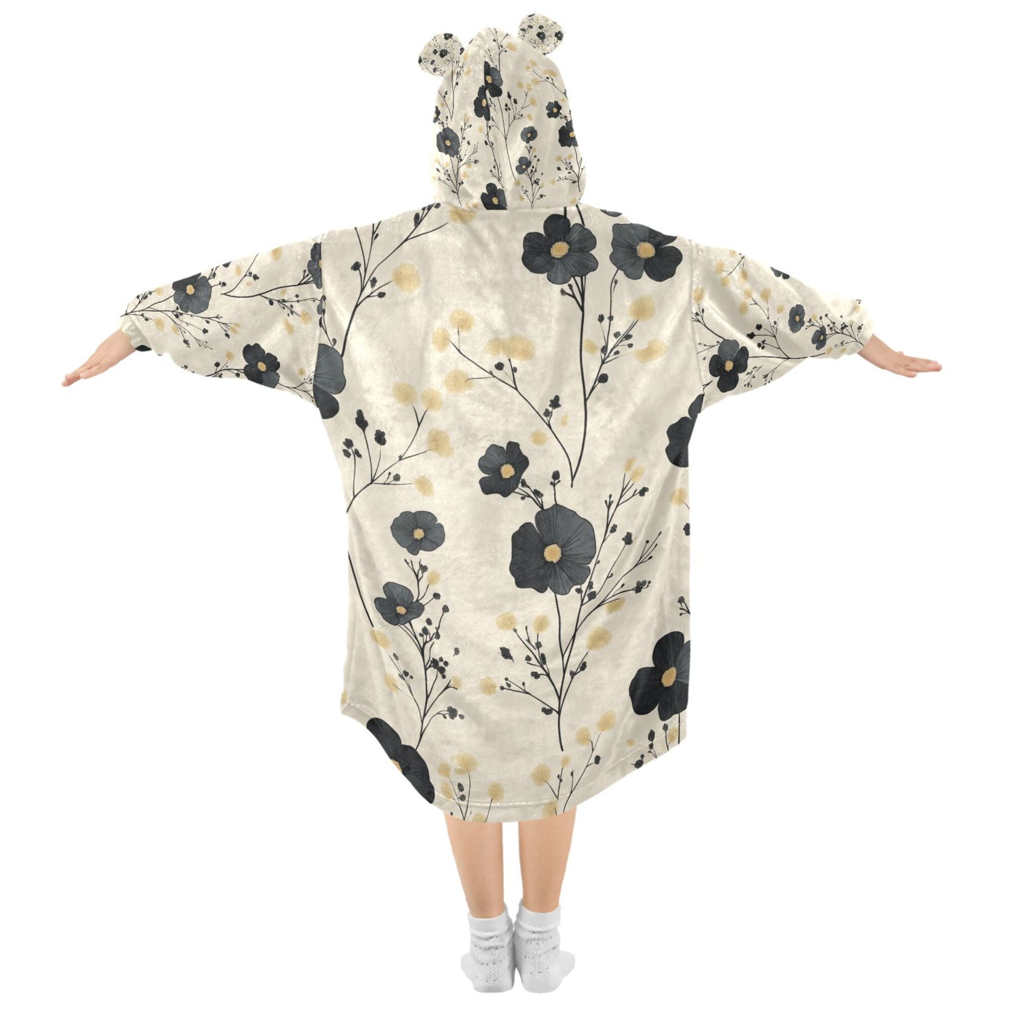 FORMRS Wearable Blanket Hoodie with Sleeves for Kids Cozy Flannel Sweatshirt, Small Black Flowers