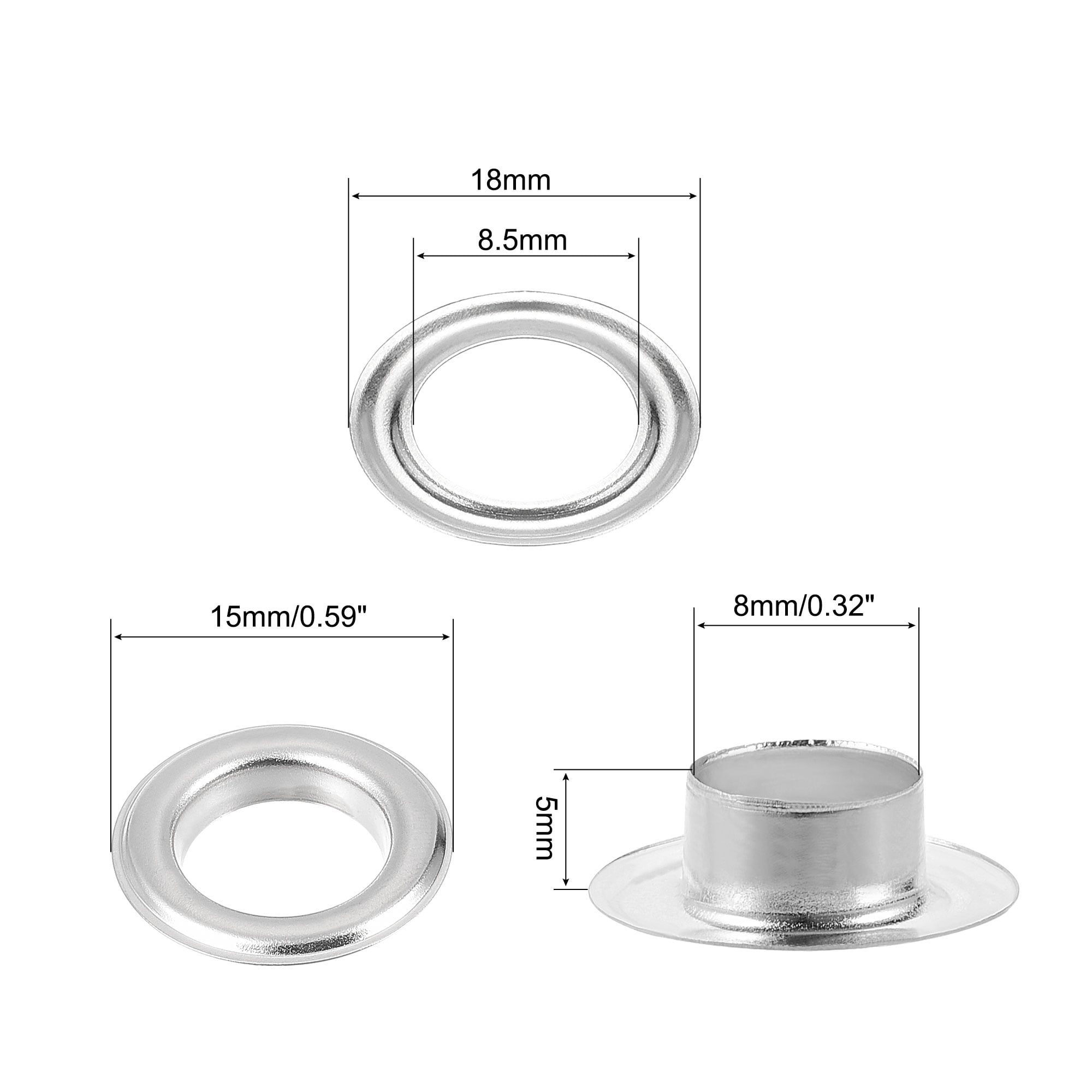 Grommet Tool Kit 100 Sets 5/16" Copper Grommets Eyelets with 3pcs Install Tools, 8mm Inside Dia. Silver Tone