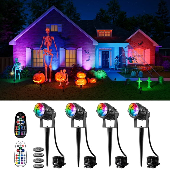 Yinghao Halloween 4 pack 120V RGB Spotlights with Remote Control for Landscape Decoration 16 Color Change Modes, Colorful Lighting for Yard, Garden
