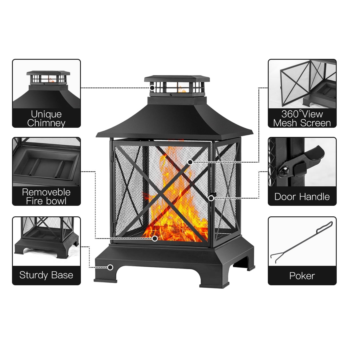 Aimee Lii 24" Pagoda-Style Steel Wood-Burning Fire Pit with Log Grate and Poker for Camping Bonfire, Outdoor Heating, Bonfire, and Picnic, Black