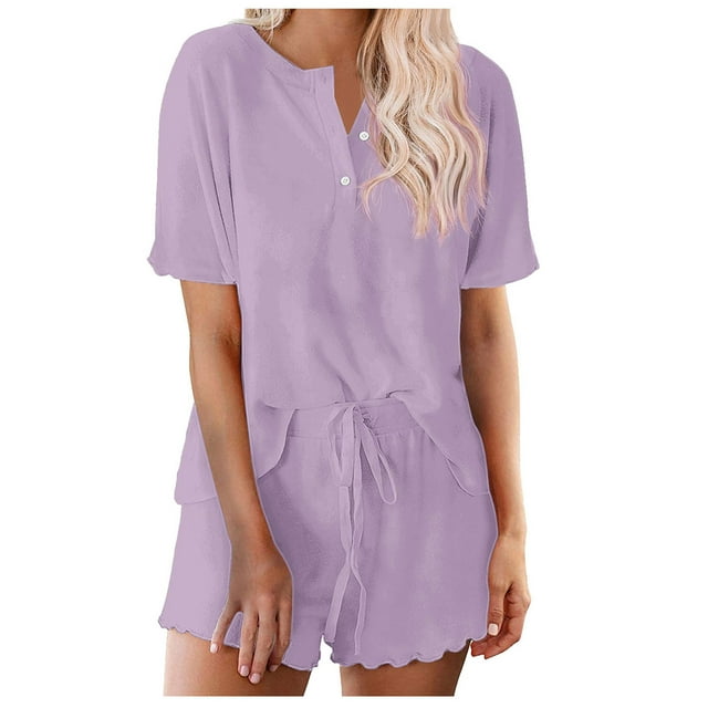 Qtocio Ensemble de Pyjama pour Femmes, Ensemble de Sommeil Uni à Boutons devant, Manches Courtes, Shorts Ceinturés