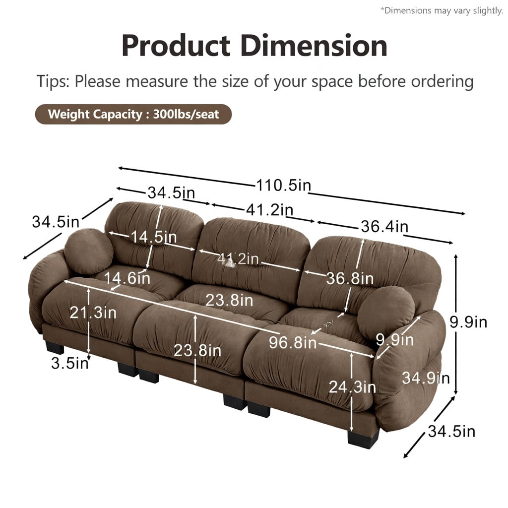 Hommoo Chenille 3-Seater Modular Sofa with Pleated Back Design, Ergonomic High-Density Foam Cushions & Curved Armrests, Includes 2 Round Throw Pillows, Brown