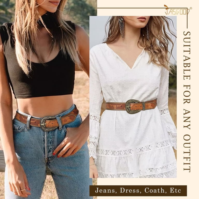 JASGOOD Western Belts for Women Vintage Brown Cowgirl Cowboy 
