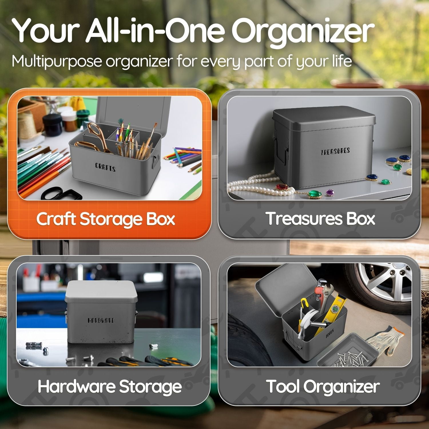 Flexzion Tin Storage Box with Removable Tray, Seed Organizer Box and Metal Seed Holder Organizer with Hinged Lid, Versatile Toolbox Container for Crafts, Hardware, Tools and Essentials, Gray