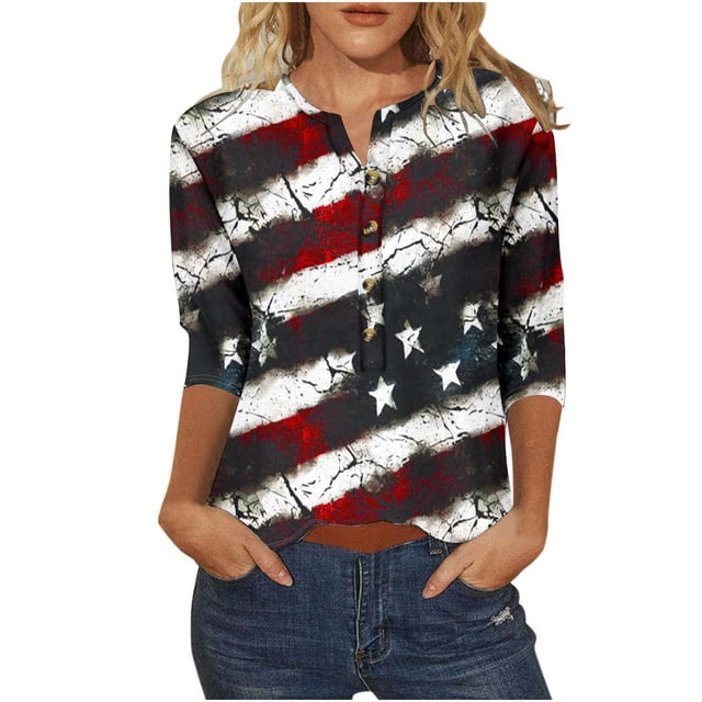 Camiseta Casual Suelta Del Botón Impreso Del Día de la Independencia de la Mujer de Manga Superior de 3/4 para el Hogar Y el Uso Diario