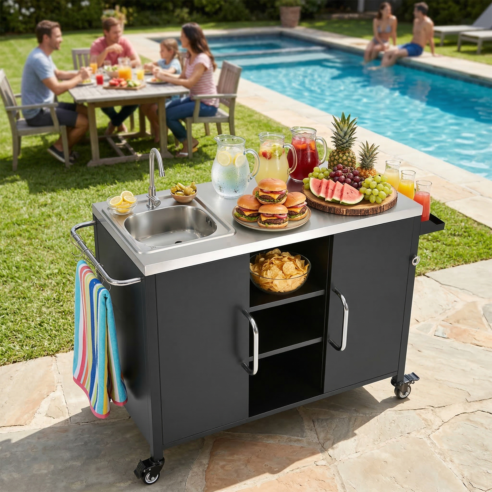Homy Casa Outdoor Grill Cart with Sink and Stainless Steel Top, Rolling Outdoor Kitchen Cart with Cabinet Storage, Black