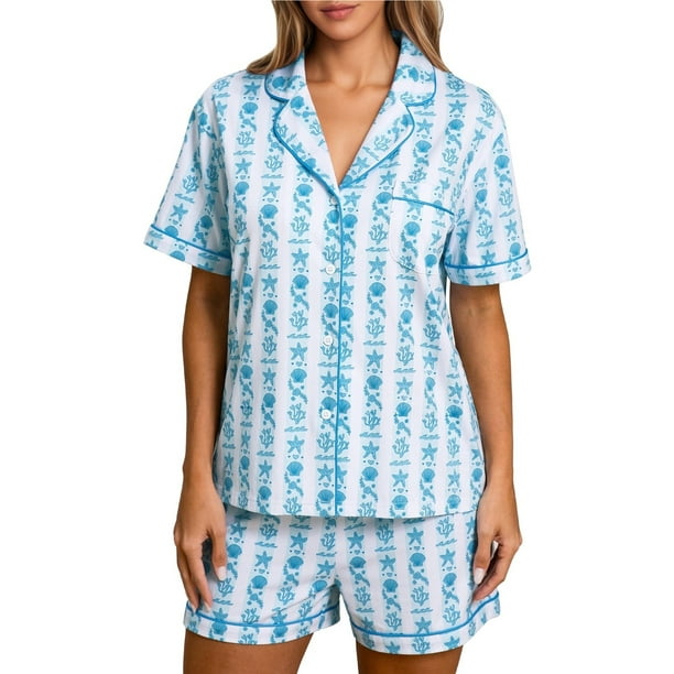 Conjunto de pijama estilo preppy for mujer, ideal for el verano. Incluye shorts de algodón, estampado oceánico y shorts a juego.