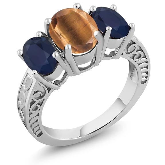 Gem Stone King 3.50 Ct Oval Brown Tiger Eye Blue Sapphire 925 Sterling Silver Ring (Size 5)