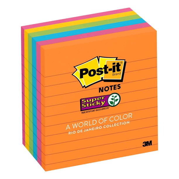 Postit Super Sticky Lined Notes, 4" x 4", Brights, 6 Pads Walmart