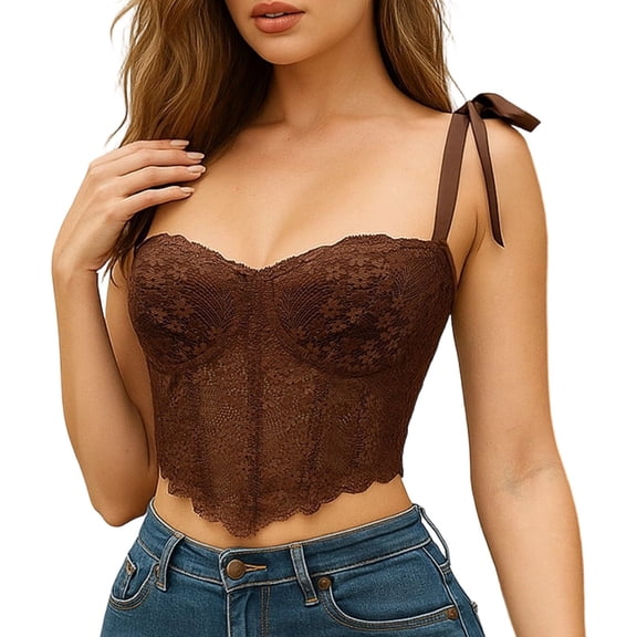 KHONTS Lace Corset Tops for Women Bustier Crop Top Lace up Strap Ribbon Slim Fit Camisole Brown XS