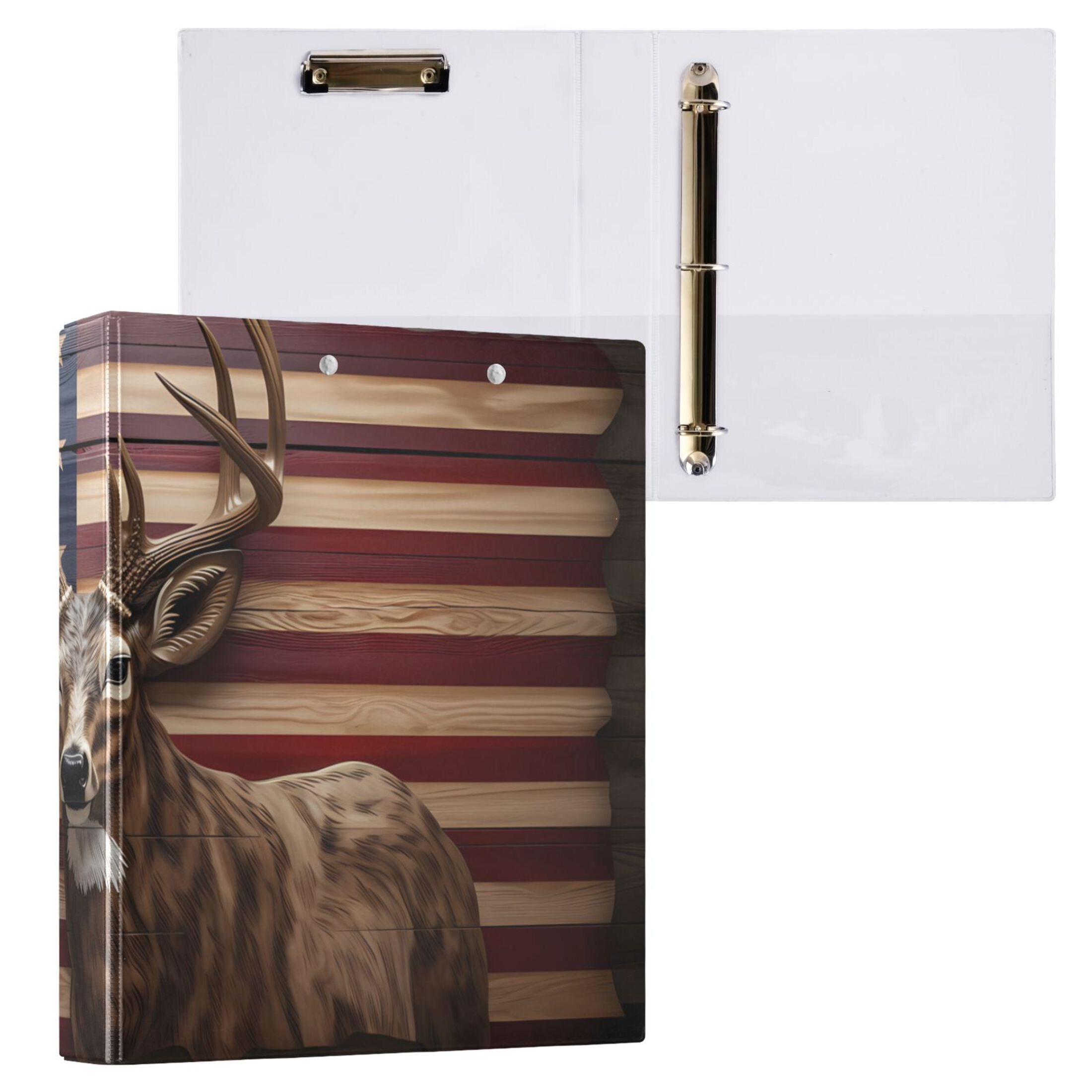 American Flag Deer 3 Ring Binders 1.5 inch Hardcover File Folders with Interior Pockets A4 Size Organizer for School Office Hospital
