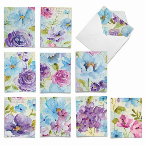 NobleWorks Bulk Plain Assorted Greeting Notecards Box Set with Envelopes, 4 x 5.12 Inch (10 Count), Cool Blossoms