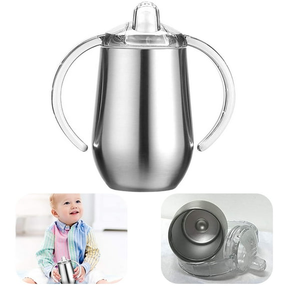 CNKOO 10 Oz Stainless Steel Sippy Cup, Double Wall Vacuum Insulated Sippy Tumble with Handle for Water and Milk (Silver)